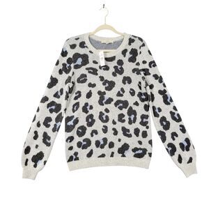 NWT LOFT Gray Blue Leopard Wool Blend Knitted Animal Print Sweater SIZE SMALL